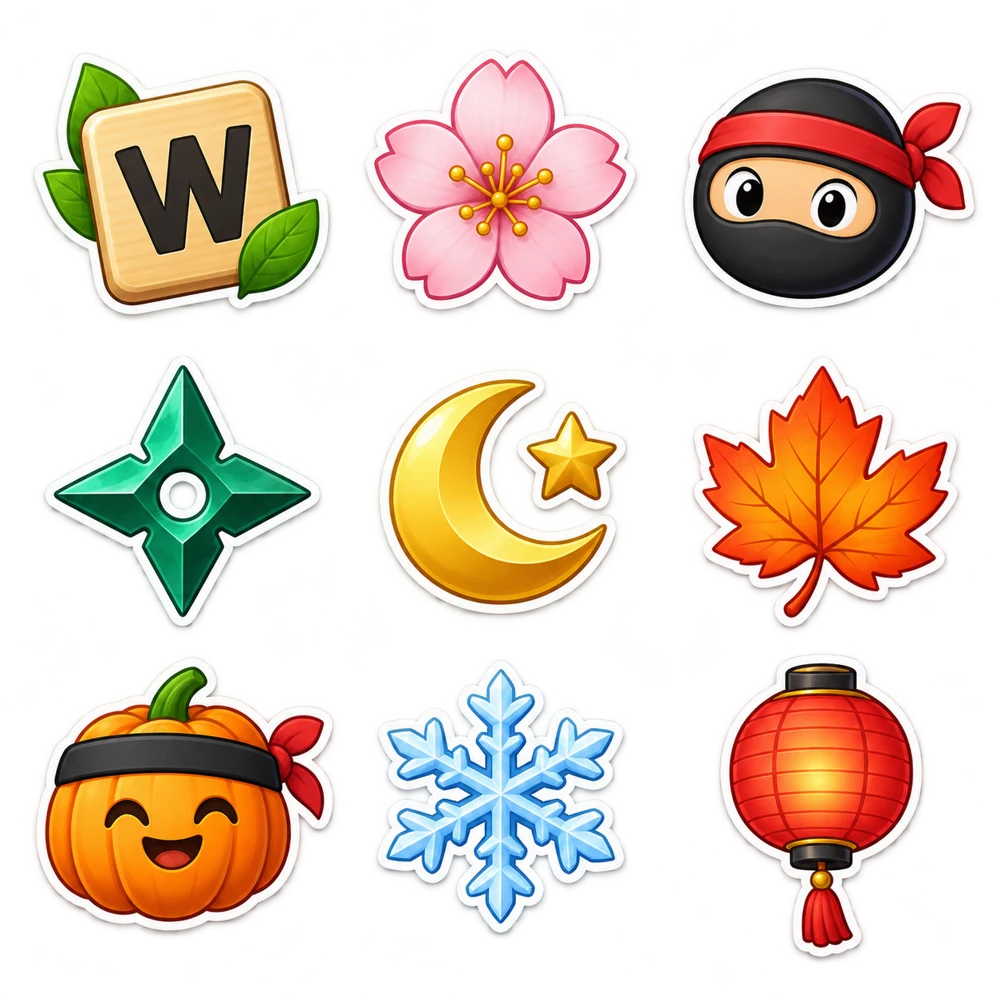 Collectible Word Ninja stickers, including a letter tile, cherry blossom, ninja and word book
